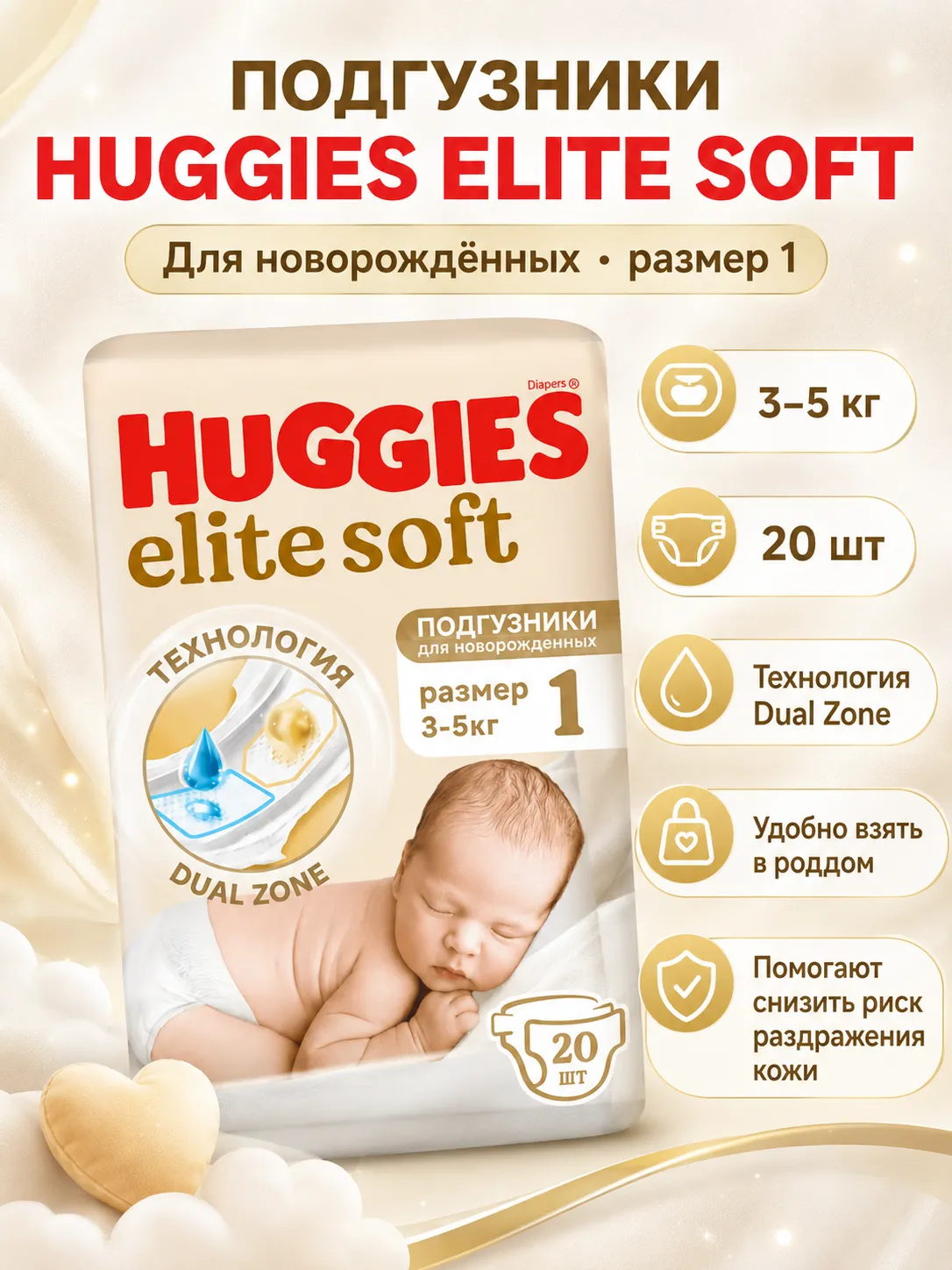 Подгузники Huggies Elite Soft №20 р-р 1 (3-5кг) /549453/