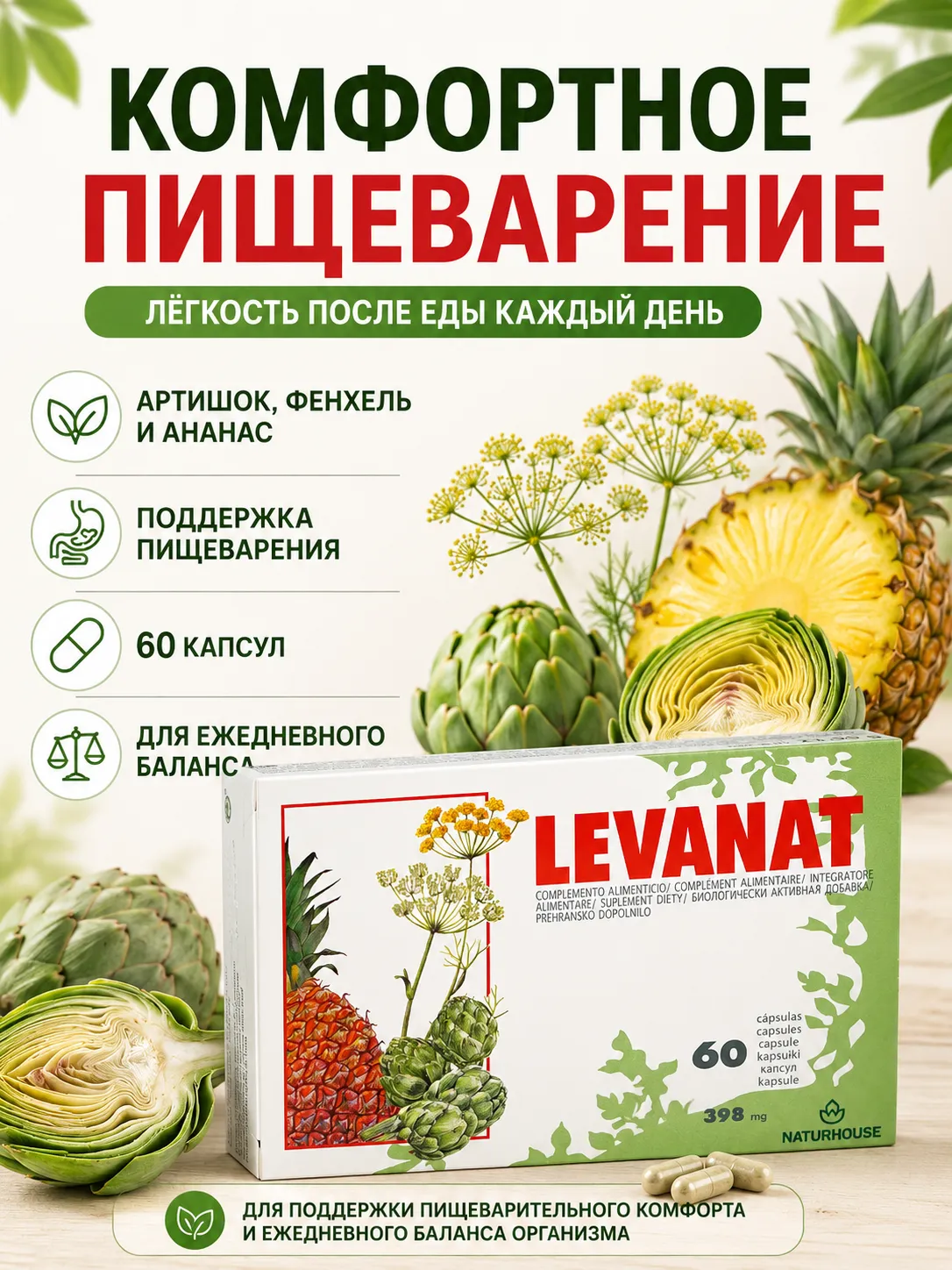 Naturhouse Леванат 398мг Легкость пищеварения и контроль веса №60 капс