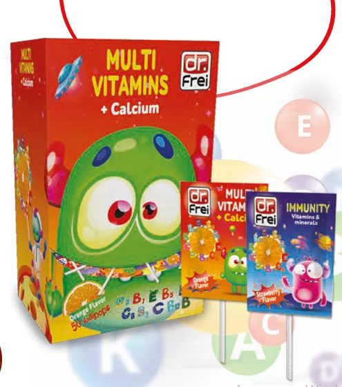 Dr.Frei Мультивитаминные леденцы на палочке Multivitamins + CALCIUM со вкусом апельсина №50